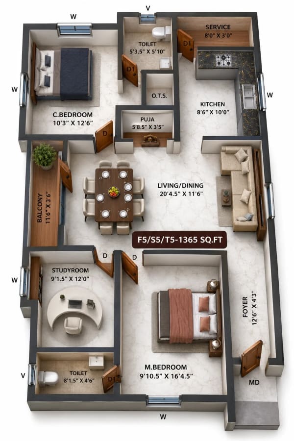 3 BHK Apartment floor plan — 1,365 sqft