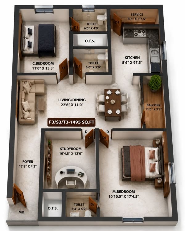 3 BHK Apartment floor plan — 1,495 sqft