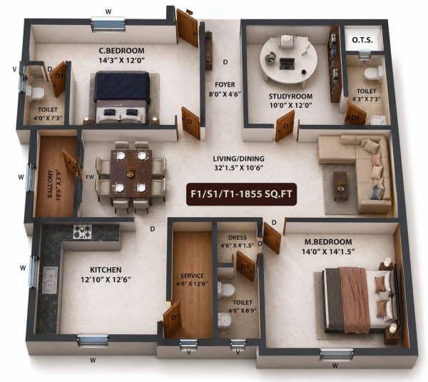 3 BHK Apartment floor plan — 1,855 sqft