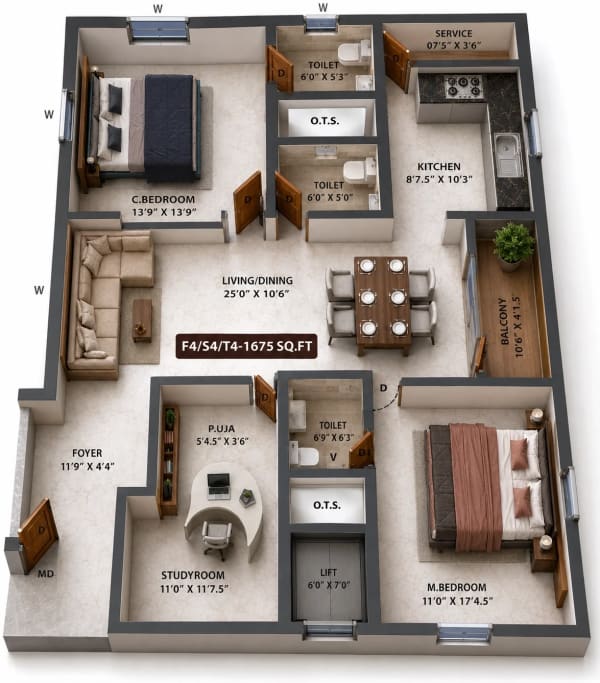 3 BHK Apartment floor plan — 1,675 sqft