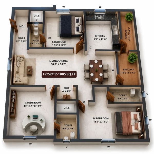 3 BHK Apartment floor plan — 1,805 sqft