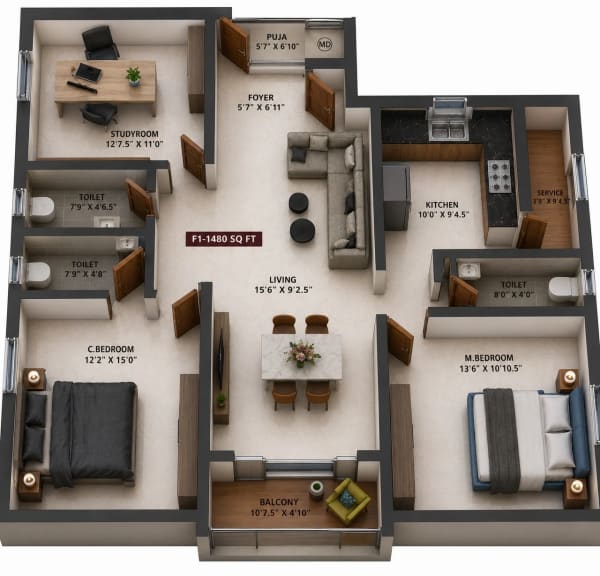 3 BHK Apartment floor plan — Viva Valia