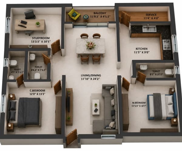 3 BHK Apartment floor plan — Viva Valia