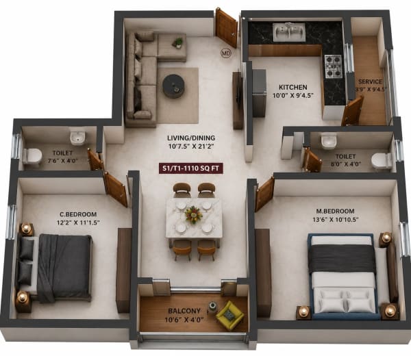 2 BHK Apartment floor plan — 1,110 sqft