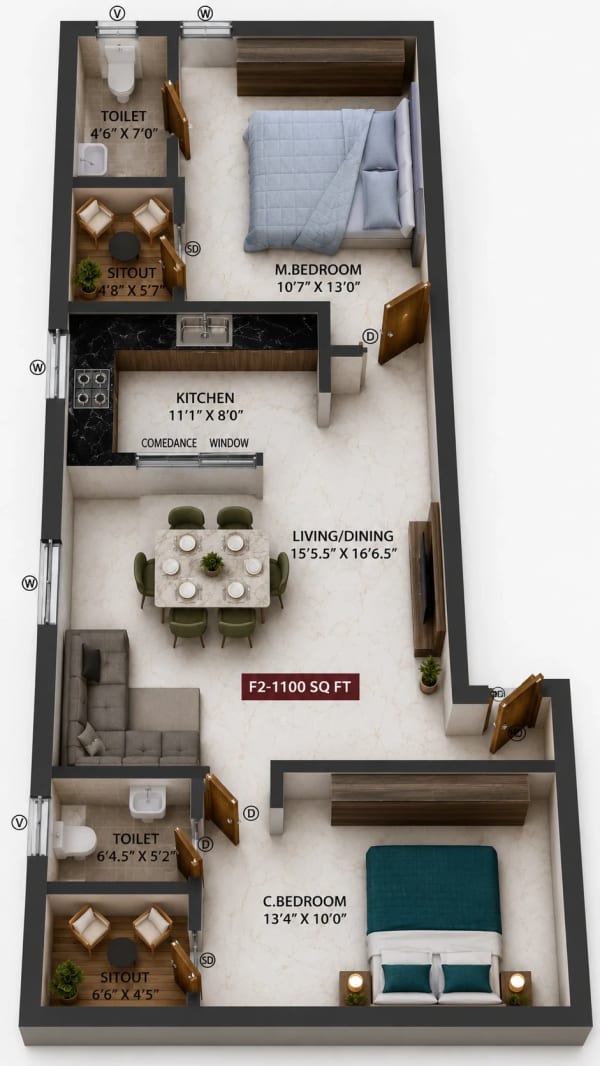 2 BHK Apartment floor plan — 1,100 sqft