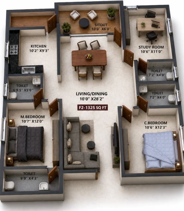 3 BHK Apartment floor plan — Viva Vally