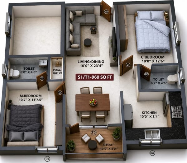 2 BHK Apartment floor plan — 960 sqft