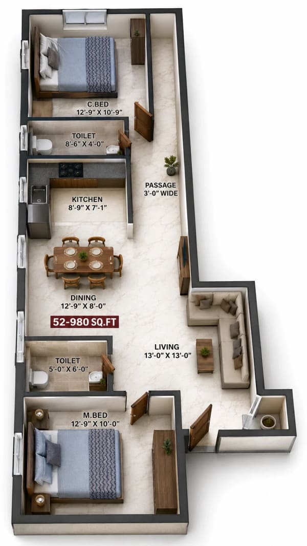 2 BHK Apartment floor plan — 980 sqft