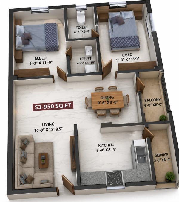 2 BHK Apartment floor plan — 950 sqft