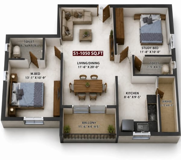 2 BHK Apartment floor plan — 1,050 sqft