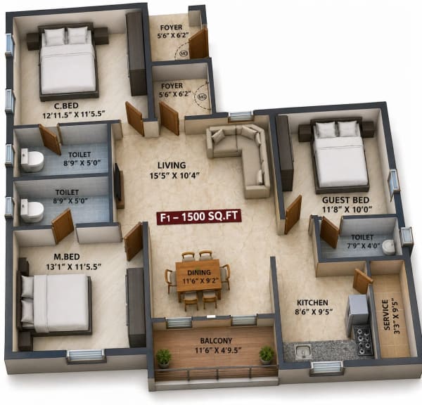 3 BHK Apartment  floor plan — Viva Bhuvasa