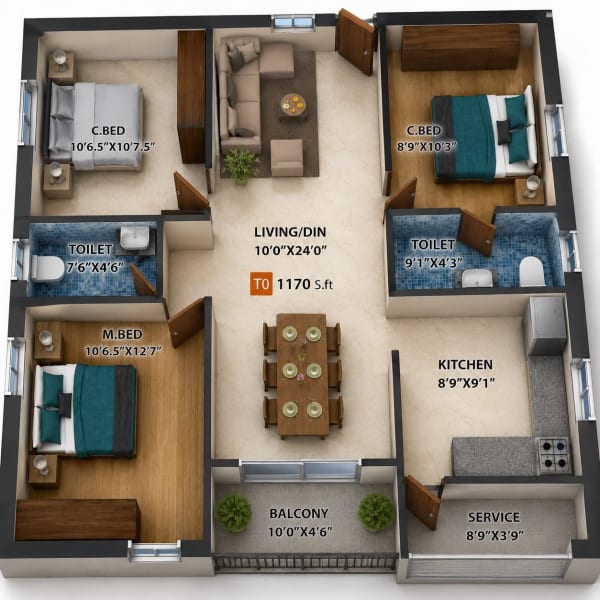 3 BHK Apartment floor plan — 1,170 sqft