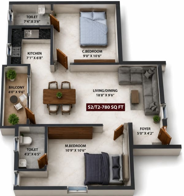 2 BHK Apartment floor plan — 780 sqft