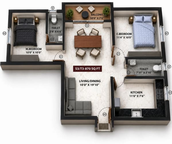 2 BHK Apartment floor plan — 870 sqft