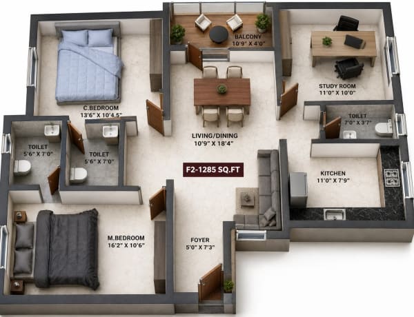 3 BHK Apartment floor plan — Viva Valter
