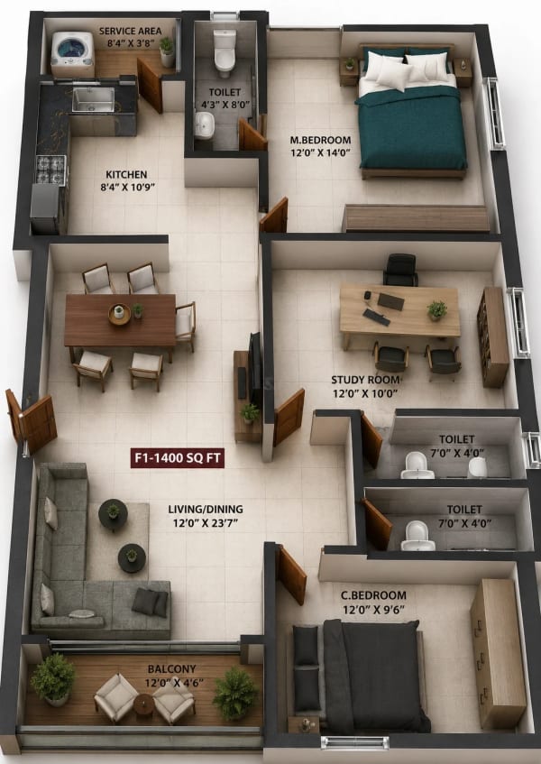 3 BHK Apartment floor plan — 1,400 sqft