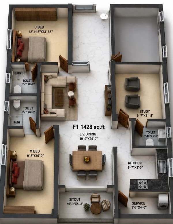 3 BHK Apartment floor plan — Viva Vin