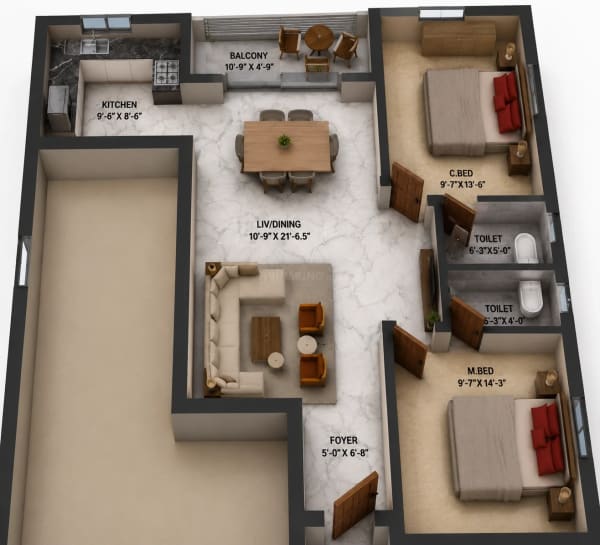 2 BHK Apartment floor plan — 1,040 sqft