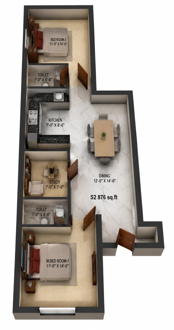2 BHK Apartment floor plan — 876 sqft