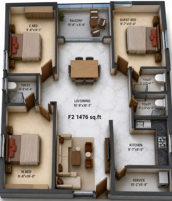 3 BHK Apartment floor plan — Viva Vin