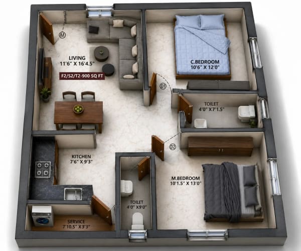 2 BHK Apartment floor plan — 900 sqft