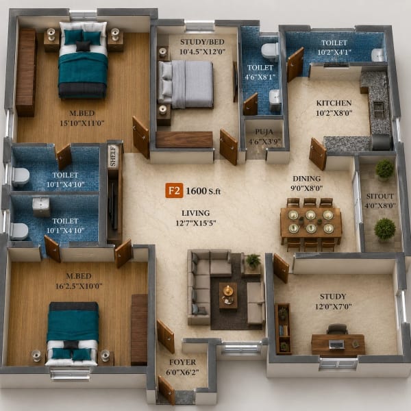 3 BHK Apartment floor plan — Viva Velvet