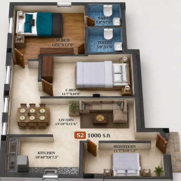 3 BHK Apartment floor plan — Viva Velvet