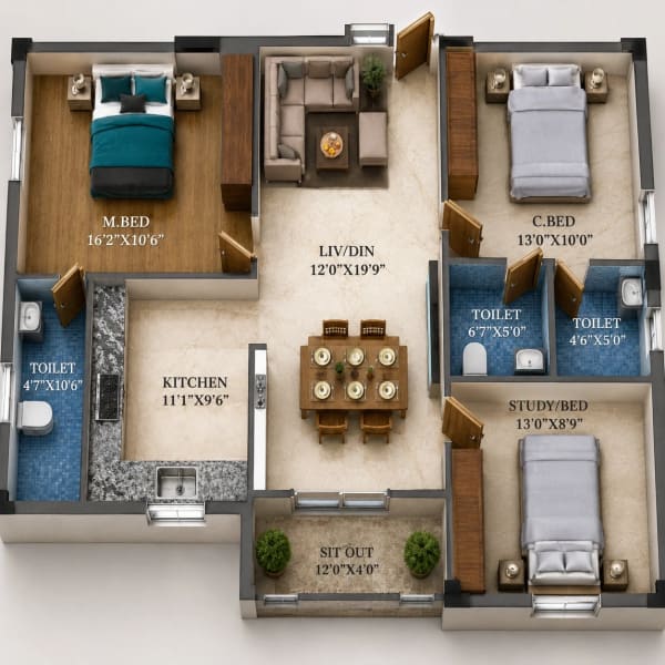 3 BHK Apartment floor plan — Viva Velvet