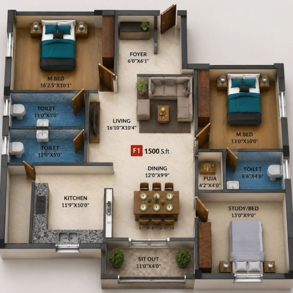 3 BHK Apartment floor plan — Viva Velvet