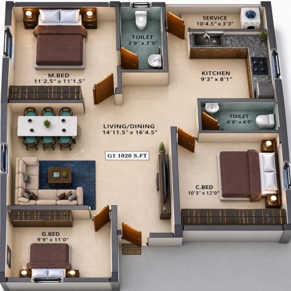 3 BHK Apartment floor plan — Viva Verve