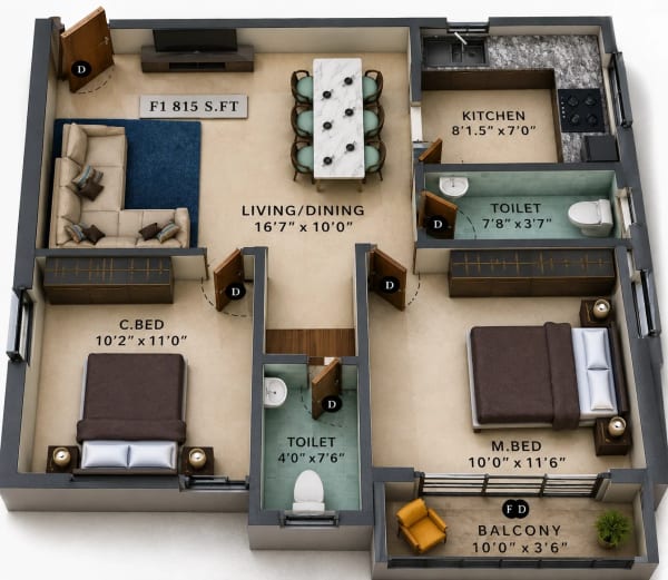 2 BHK Apartment floor plan — Viva Verve