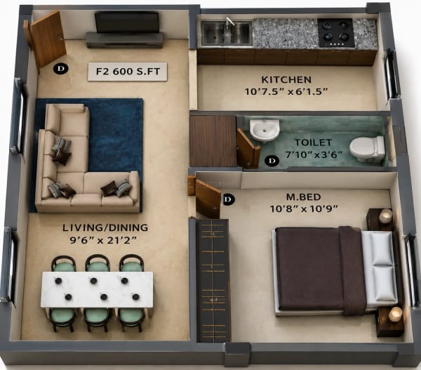 1 BHK Apartment floor plan — 600 sqft