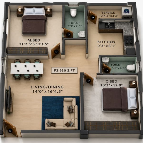 2 BHK Apartment floor plan — Viva Verve