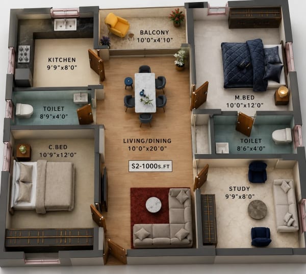 2.5 BHK Apartment floor plan — 1,000 sqft