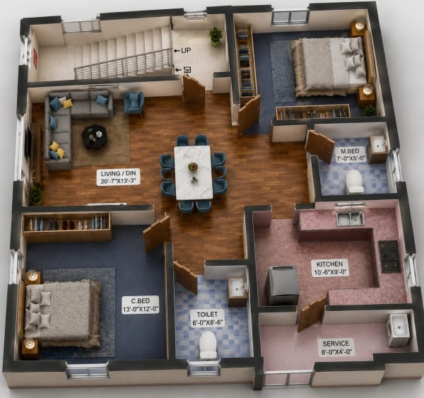 2 BHK Apartment floor plan — 960 sqft