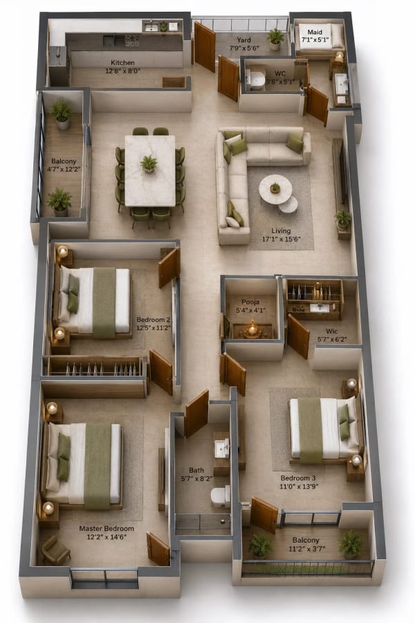 3 BHK Apartment floor plan — 2,765 sqft