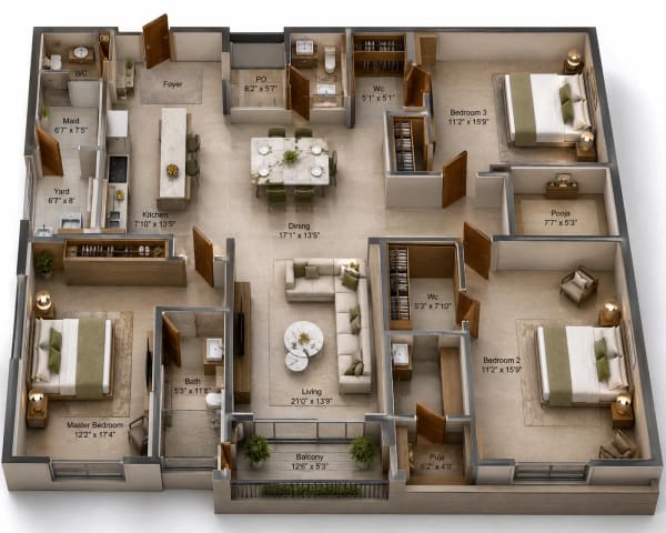 3 BHK Apartment floor plan — 2,609 sqft