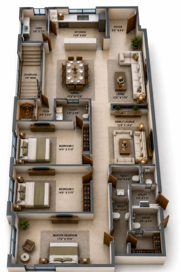 3 BHK Apartment floor plan — 2,305 sqft