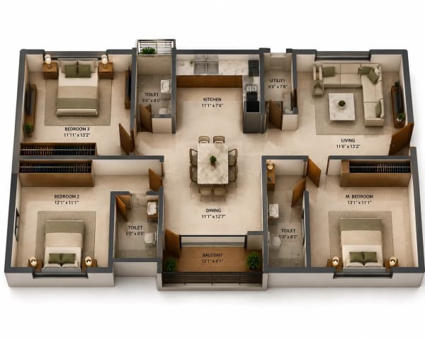 3 BHK Apartment floor plan — 1,855 sqft