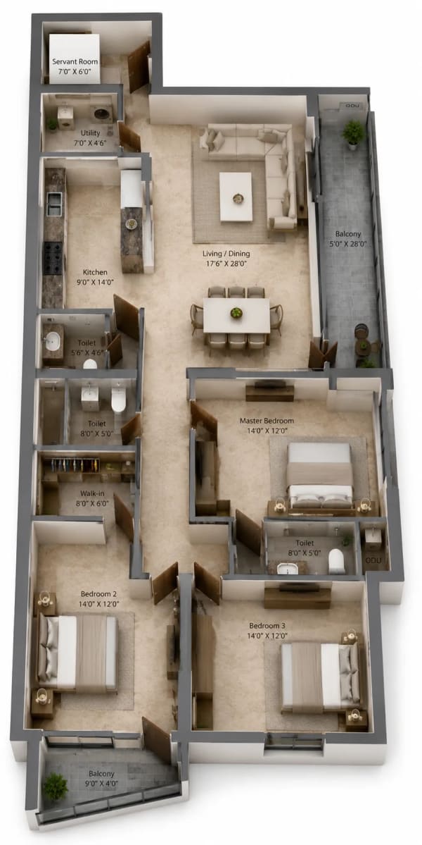 3 BHK Apartment floor plan — 2,705 sqft