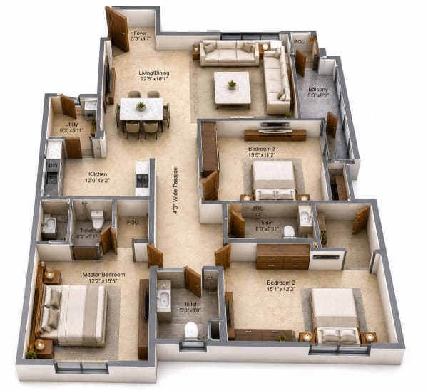 3 BHK Apartment floor plan — 1,947 sqft