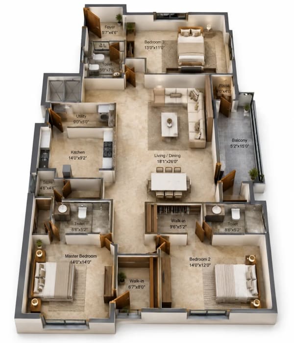 3 BHK Apartment floor plan — 2,438 sqft