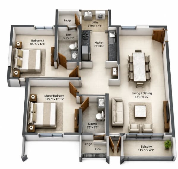 2 BHK Apartment floor plan — 1,398 sqft