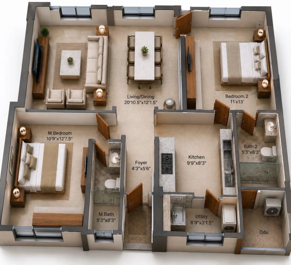 2 BHK Apartment floor plan — 1,313 sqft