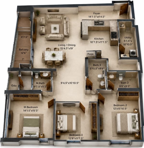 3 BHK Apartment floor plan — Appaswamy Altezza