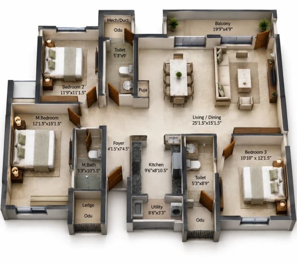 3 BHK Apartment floor plan — Appaswamy Altezza