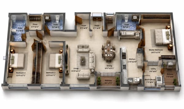 3 BHK Apartment floor plan — 1,988 sqft