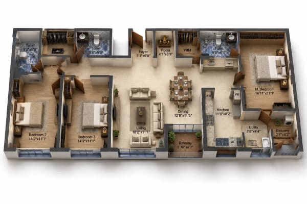3 BHK Apartment floor plan — 2,003 sqft
