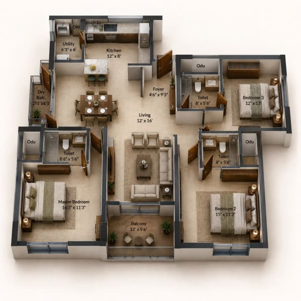 3 BHK Apartment floor plan — 2,034 sqft