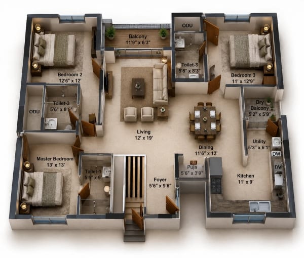 3 BHK Apartment floor plan — 1,961 sqft